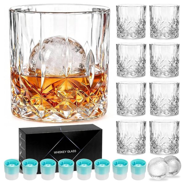 Crystal Whiskey Glasses Set Of 16 (8 Rocks Glasses + 8 Ice Ball Molds)