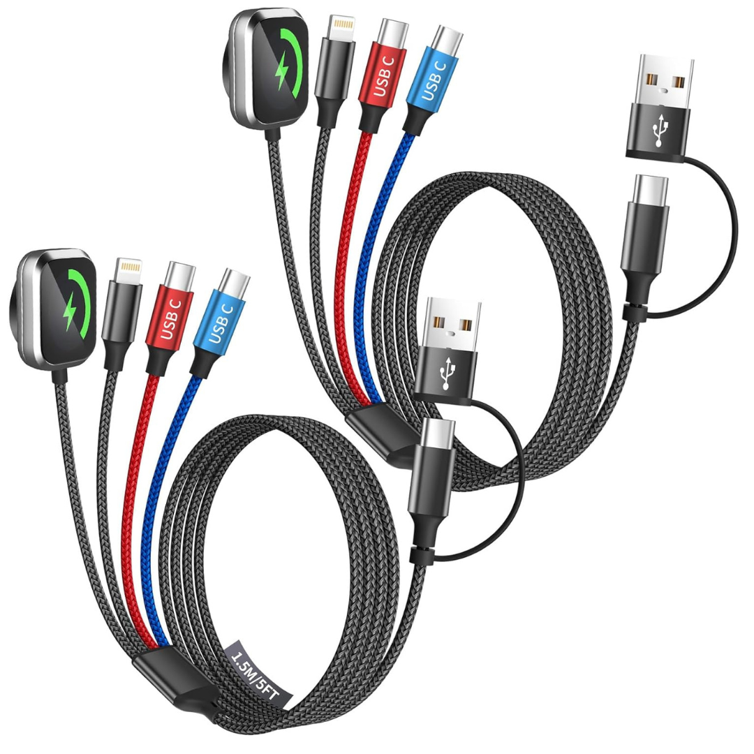 2-Pack 5' 3-in-2 Travel Charging Cables W/ Apple Watch Charger (2 Colors)