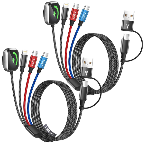2-Pack 5' 3-in-2 Travel Charging Cables W/ Apple Watch Charger (2 Colors)