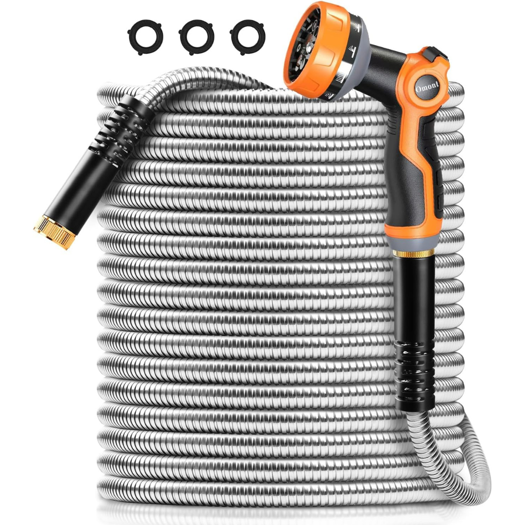 Omont 50' 304 Stainless Steel Garden Water Hose With Nozzle