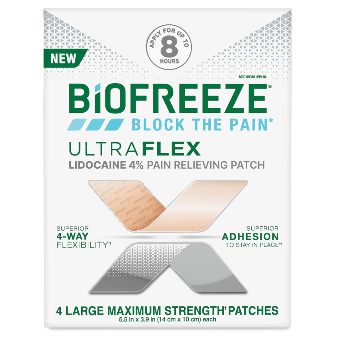 4-Count 5.5" X 3.9" Biofreeze Brand Lidocaine Lrg Pain Patches