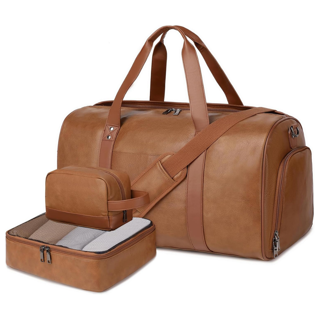 3-Piece Unisex Large Capacity Faux Leather Weekender Bags