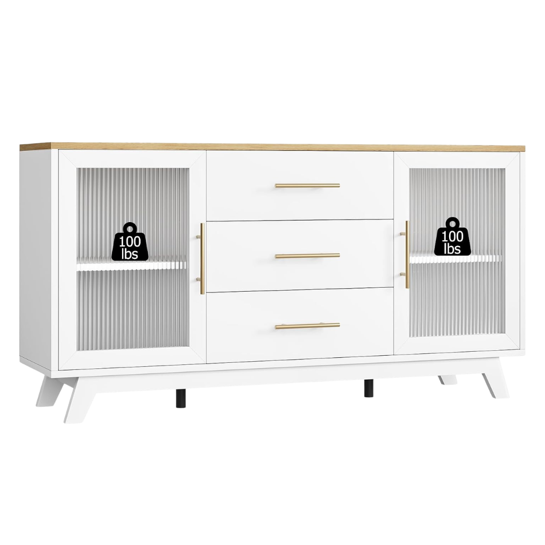 Slekversa 56" Modern Buffet Cabinet W/ Fluted Glass Doors & Gold Handles