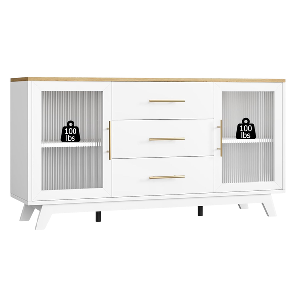 Slekversa 56" Modern Buffet Cabinet W/ Fluted Glass Doors & Gold Handles