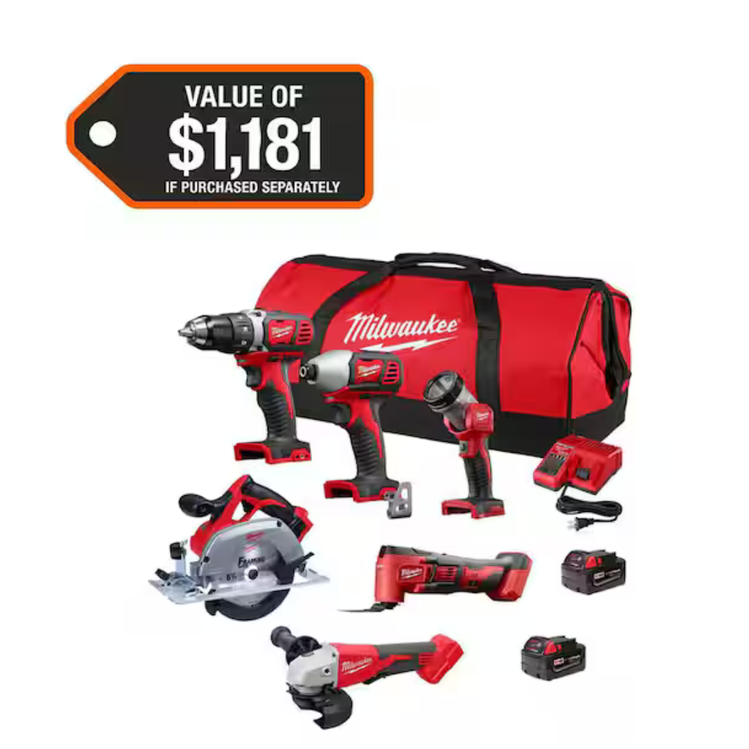 6-Tool Milwaukee M18 18V Cordless Combo Kit With 2x 4.0Ah Batteries & Charger