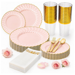 175-Piece Pink Disposable Party Dinnerware Set With Gold Rim