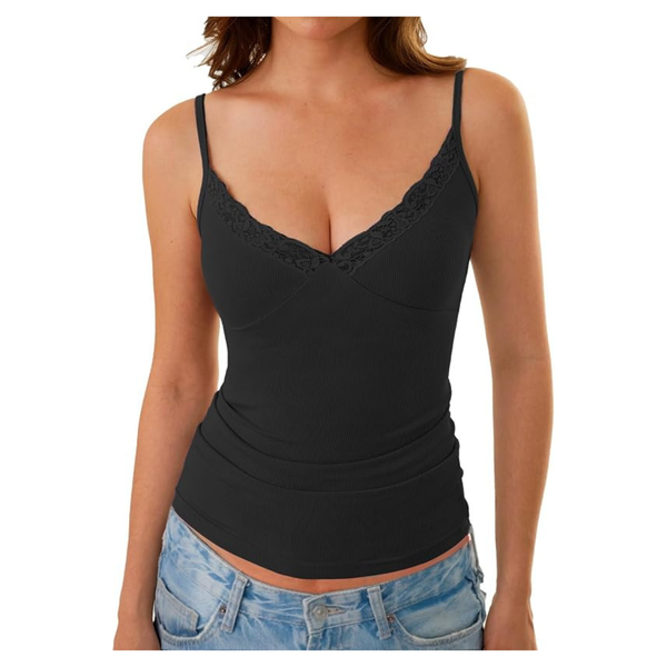 GKBK Women's Lace Trim Ribbed V-Neck Spaghetti Strap Tank Top (various)