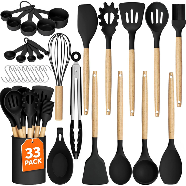 33-Piece Silicone Cooking Kitchen Utensils Set W/ Wooden Handle