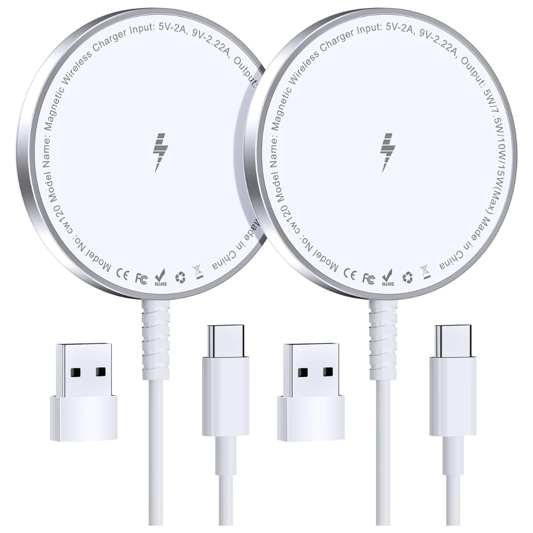 2-Pack Magnetic Wireless Charger With Dual USB C To A Converters
