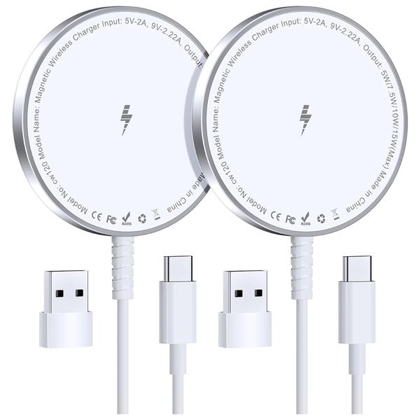 2-Pack Magnetic Wireless Charger With Dual USB C To A Converters