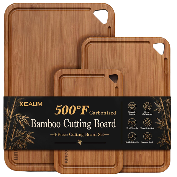 3-Piece Bamboo Cutting Kitchen Board Set W/ Juice Grooves