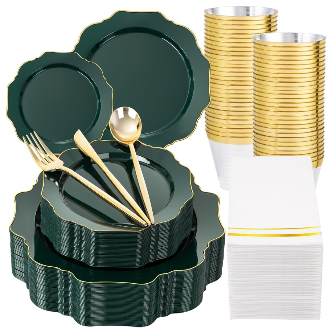 175-Piece Green & Gold Disposable Dinnerware Set