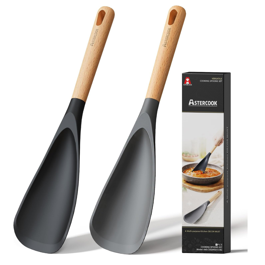 2-Pack Nonstick Silicone Cooking Spoons Set W/ Wooden Handles