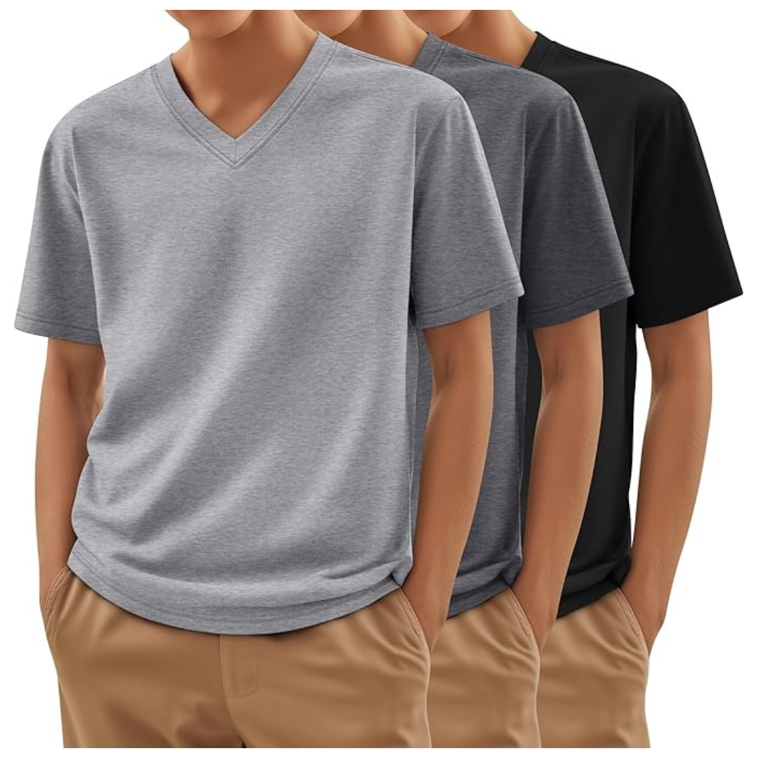 3-Pack Boys V Neck Short Sleeve T Shirts, 3-Color, Large
