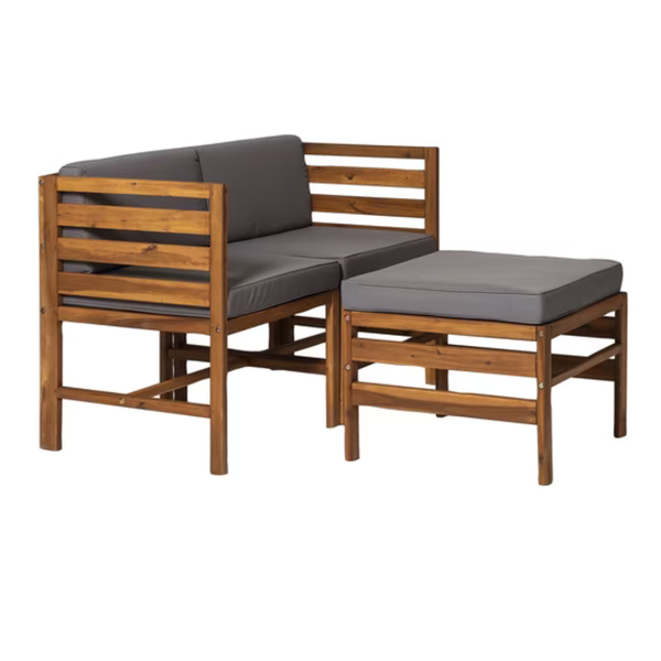 Walker Edison Modular Outdoor Brown And Grey Acacia L/R Chairs + Ottoman