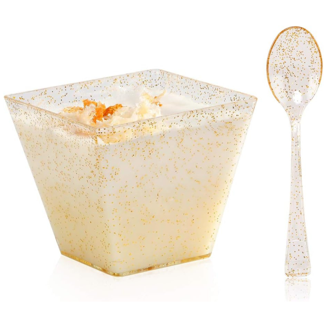 BUCLA 100 Pack Of 3oz Disposable Gold Glitter Square Small Dessert Cups With Mini Tasting Spoons