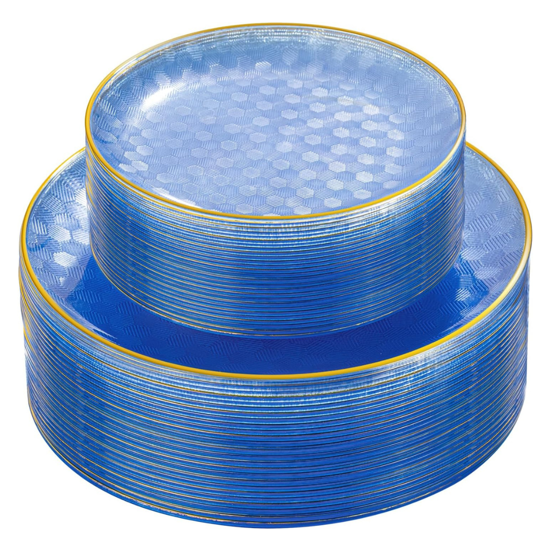 60-Piece Festiva Clear Blue Gold Plastic Plates (30 Dinner Plates & 30 Salad Plates)