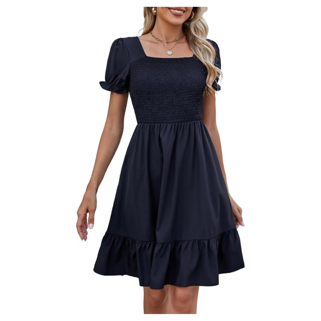 Women's Floral Square Neck Smocked Knee Length Summer Dress (Various)