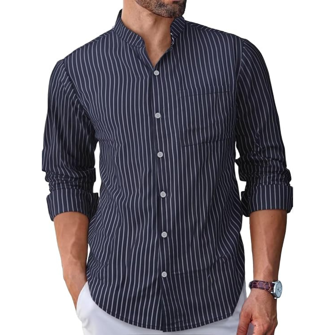 Men's Linen Cotton Banded Collar Stripe Shirt