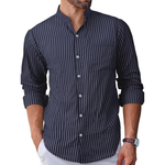 Men's Linen Cotton Banded Collar Stripe Shirt