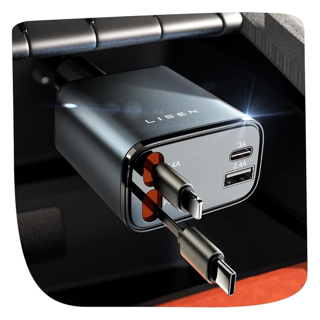 69W Lisen 4-in-1 Retractable USB-C/Lightning/USB-A Car Charger