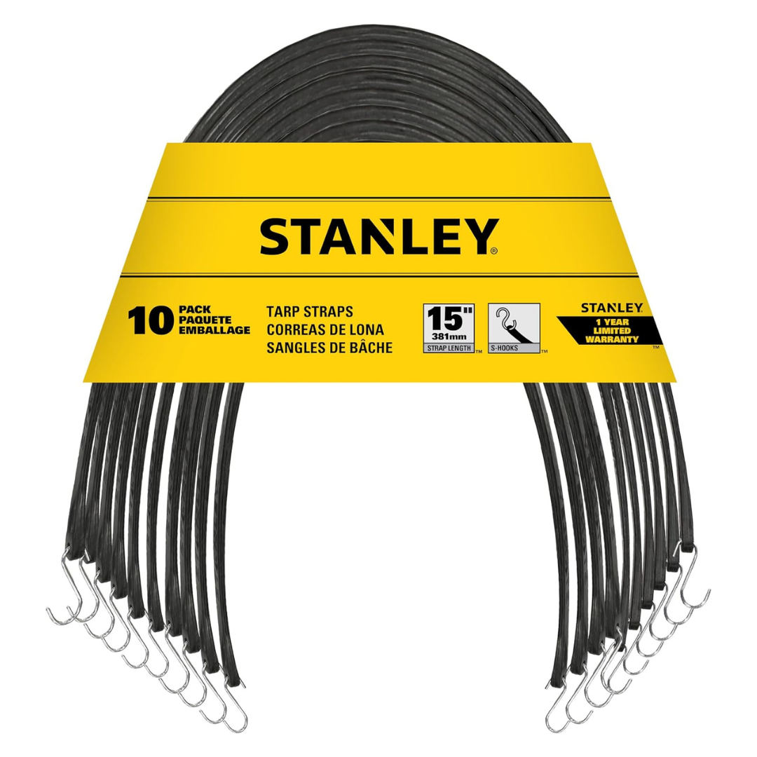 10-Pack Stanley 15" Natural Rubber Tarp Straps W/ Zinc Plated S-Hooks