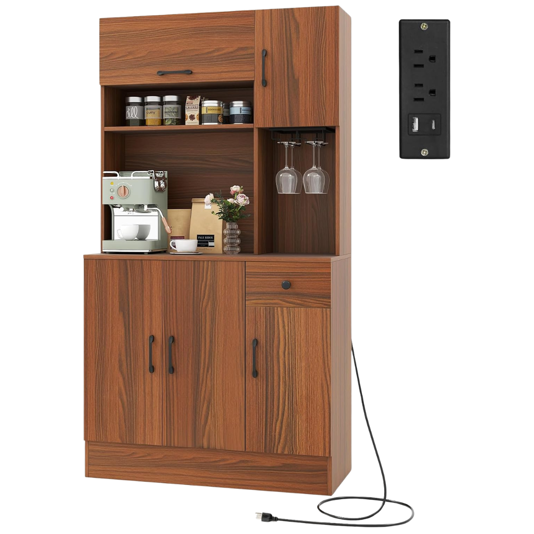 GIANTEX 66" Kitchen Pantry Cabinet With Charging Station & Hutch