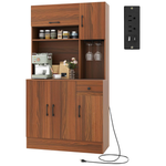 GIANTEX 66" Kitchen Pantry Cabinet With Charging Station & Hutch