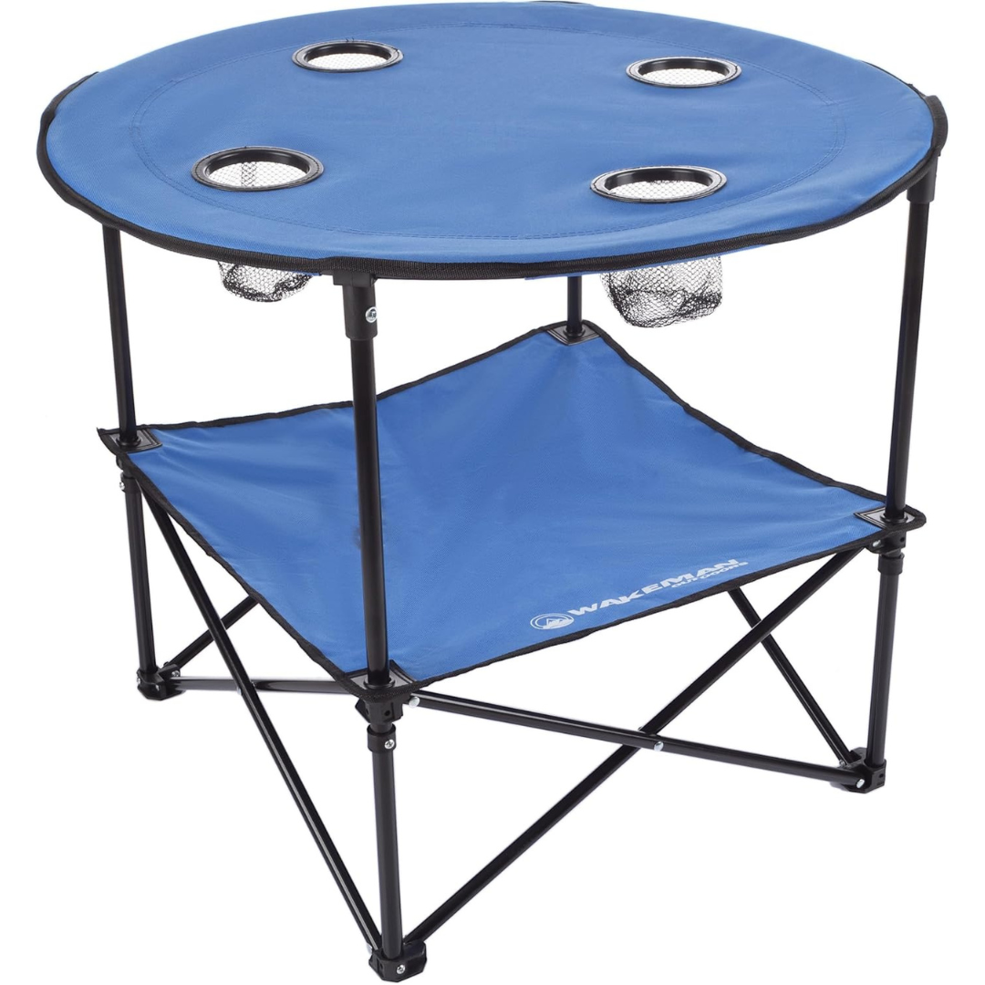 Wakeman Round 2-Tier Folding Table With 4 Cupholders & Carry Bag