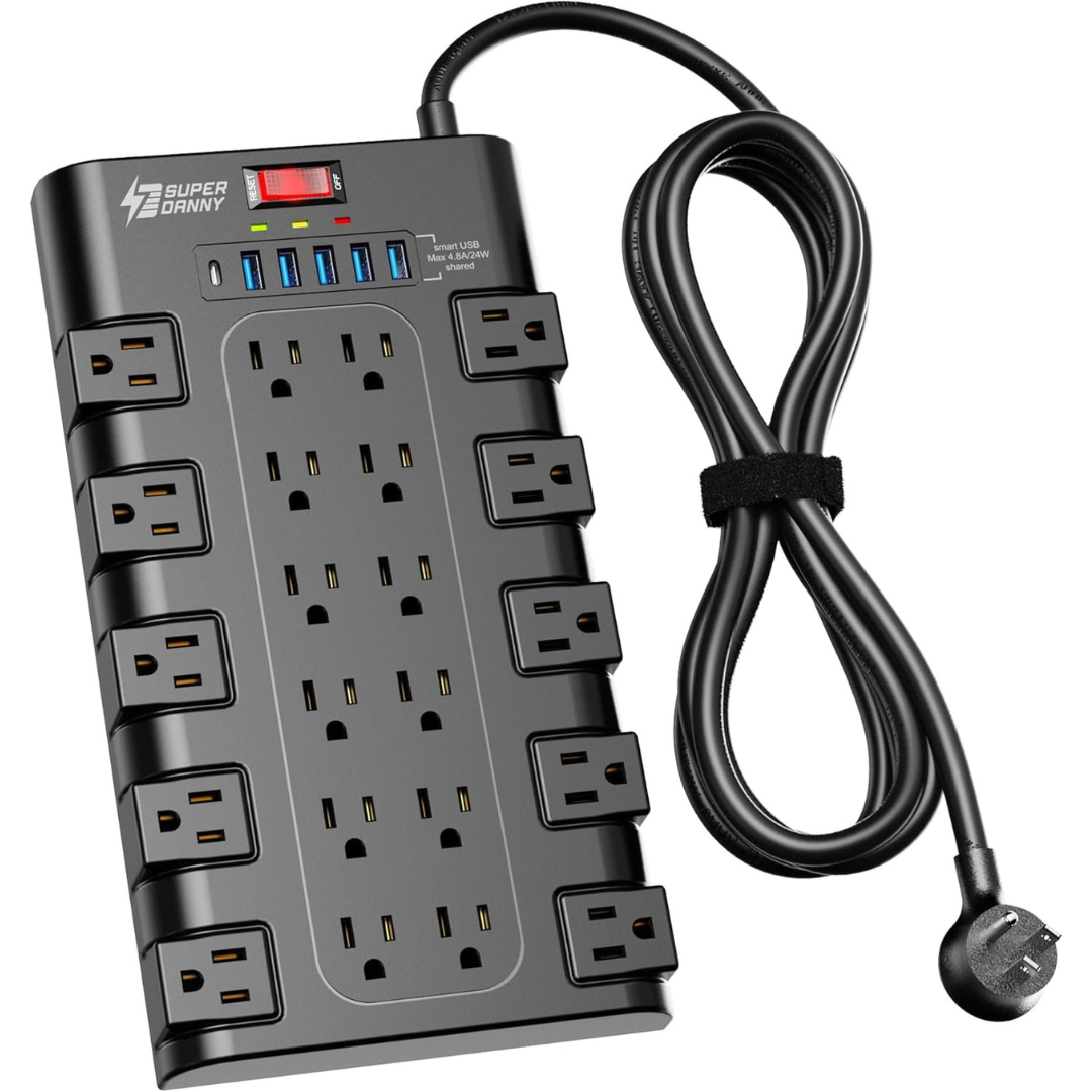 22-Outlet Superdanny 2100J Surge Protector Power Strip W/ 6x USB Ports & 6.5' Cord