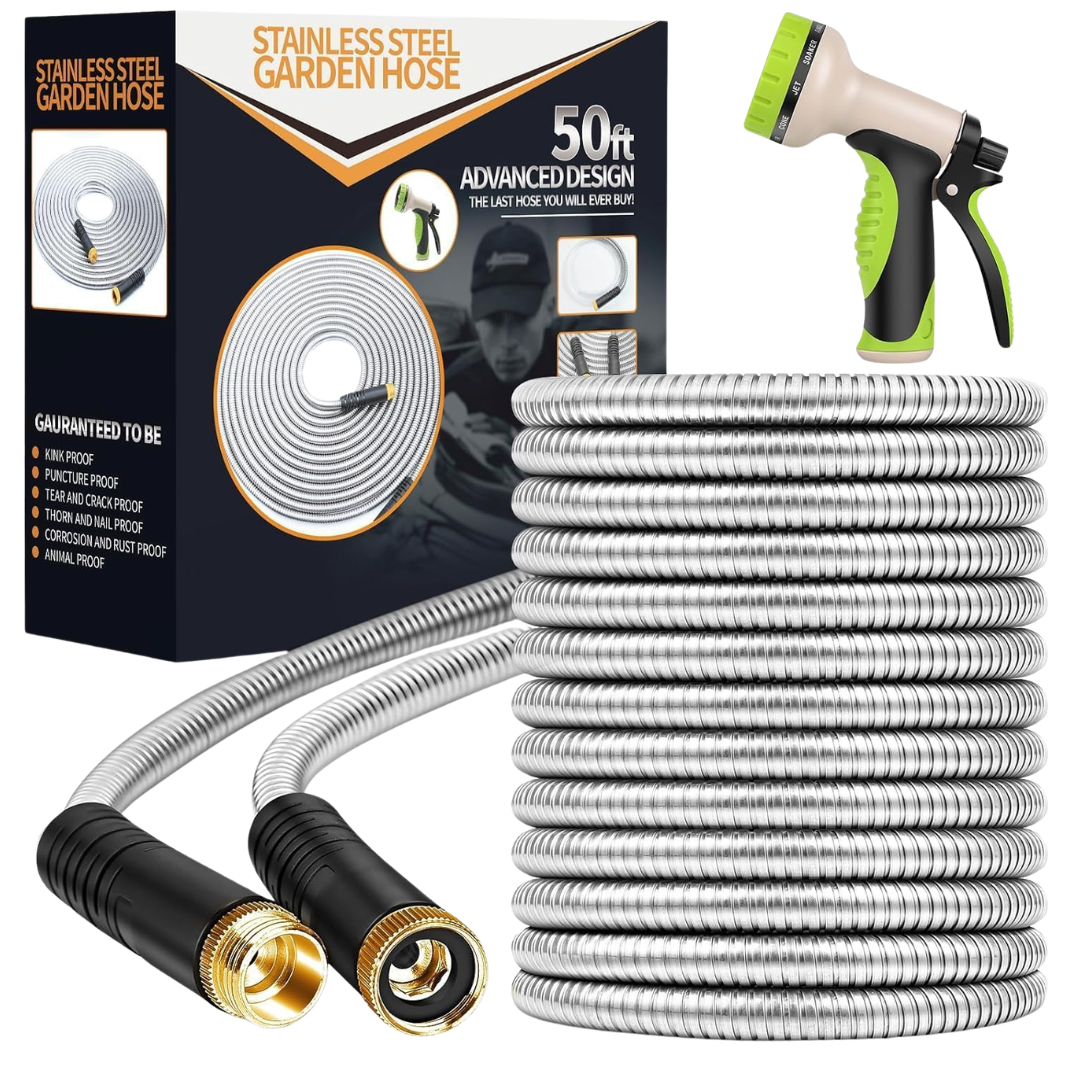 50-Ft Unywarse Stainless Steel Garden Hose W/ 10 Function Nozzle