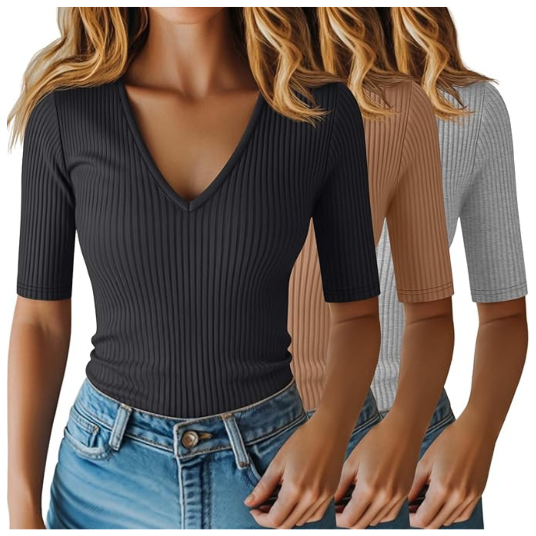 3-Pack Riyiper Women's Half Sleeve V Neck Ribbed Tops