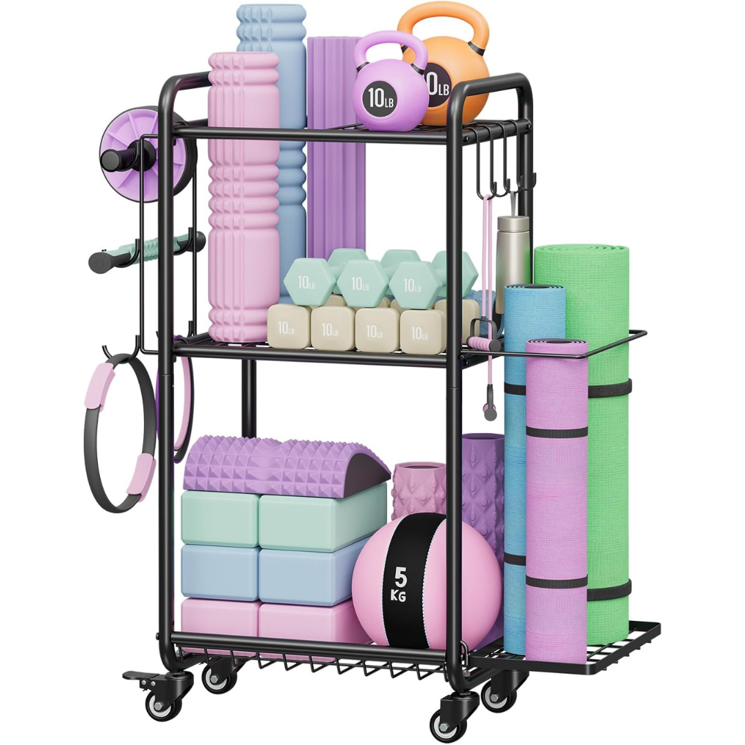 Multi-Functional Home Gym Storage Rack With Wheels And Hooks