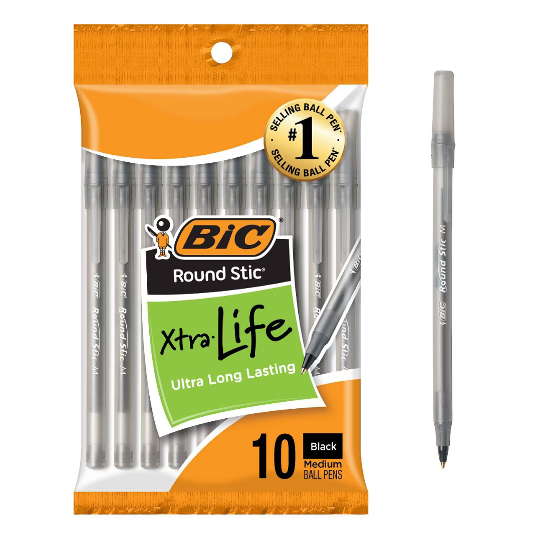 10-Count BIC Round Stic Xtra Life Ballpoint Pen Medium Point