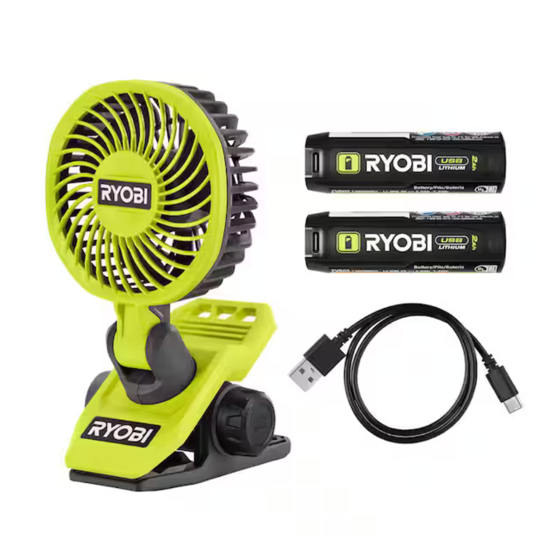 Ryobi USB Lithium Clamp Fan Kit W/Lithium 2.0 Ah Rechargeable Battery