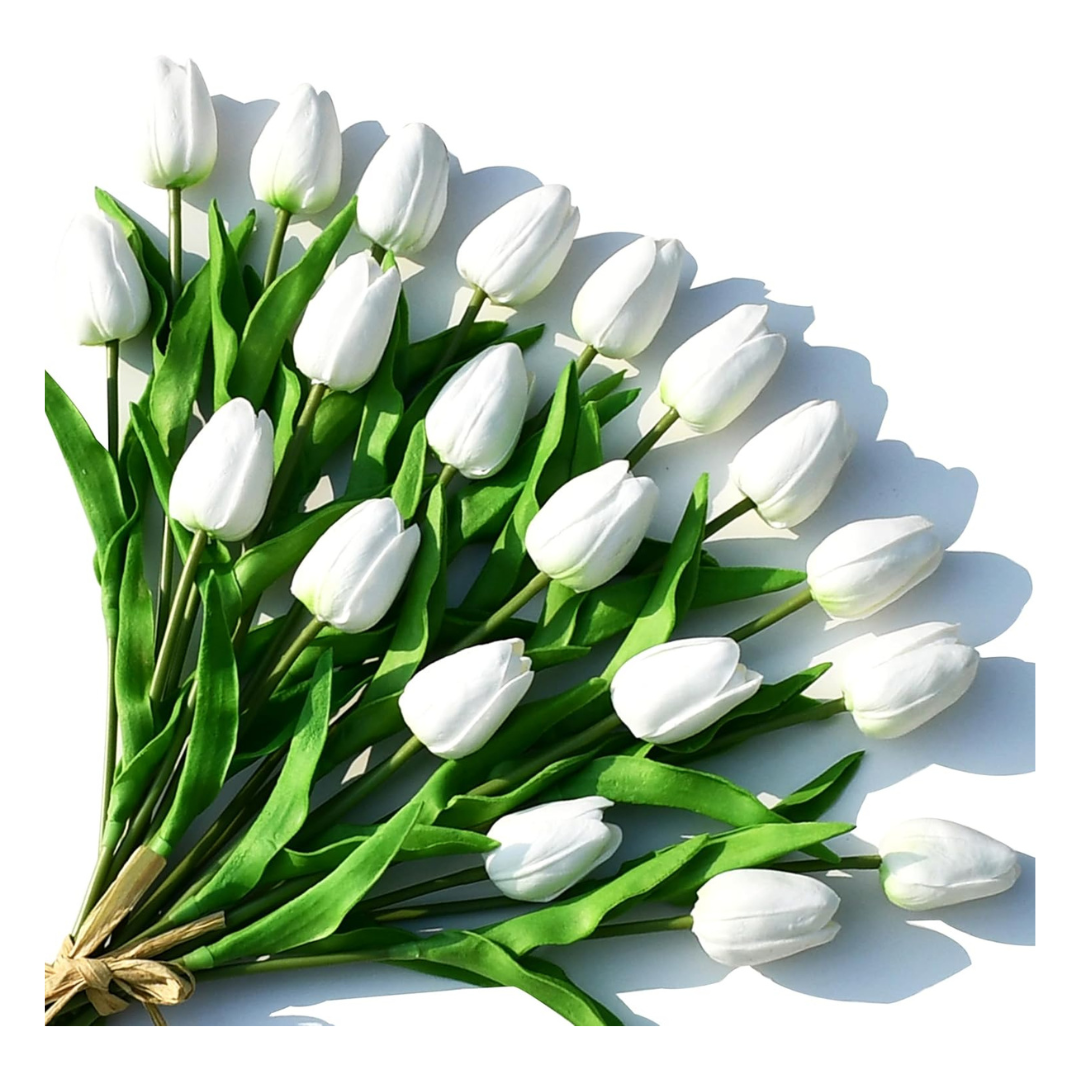 20-Piece Artificial White Tulips PU Faux Flowers W/ Bendable Stems