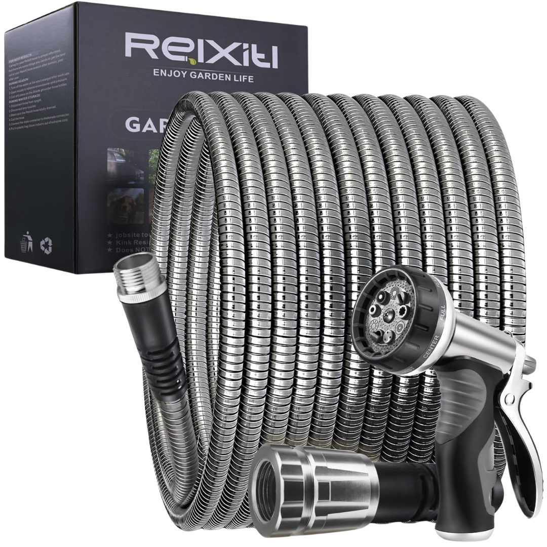 25Ft Heavy Duty Metal Garden Hose W/10-Function Nozzle