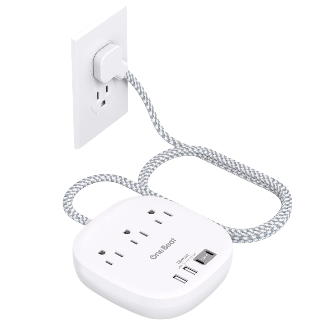 One Beat 6' Flat Plug Power Strip W/ 3 Outlets 4 USB Ports