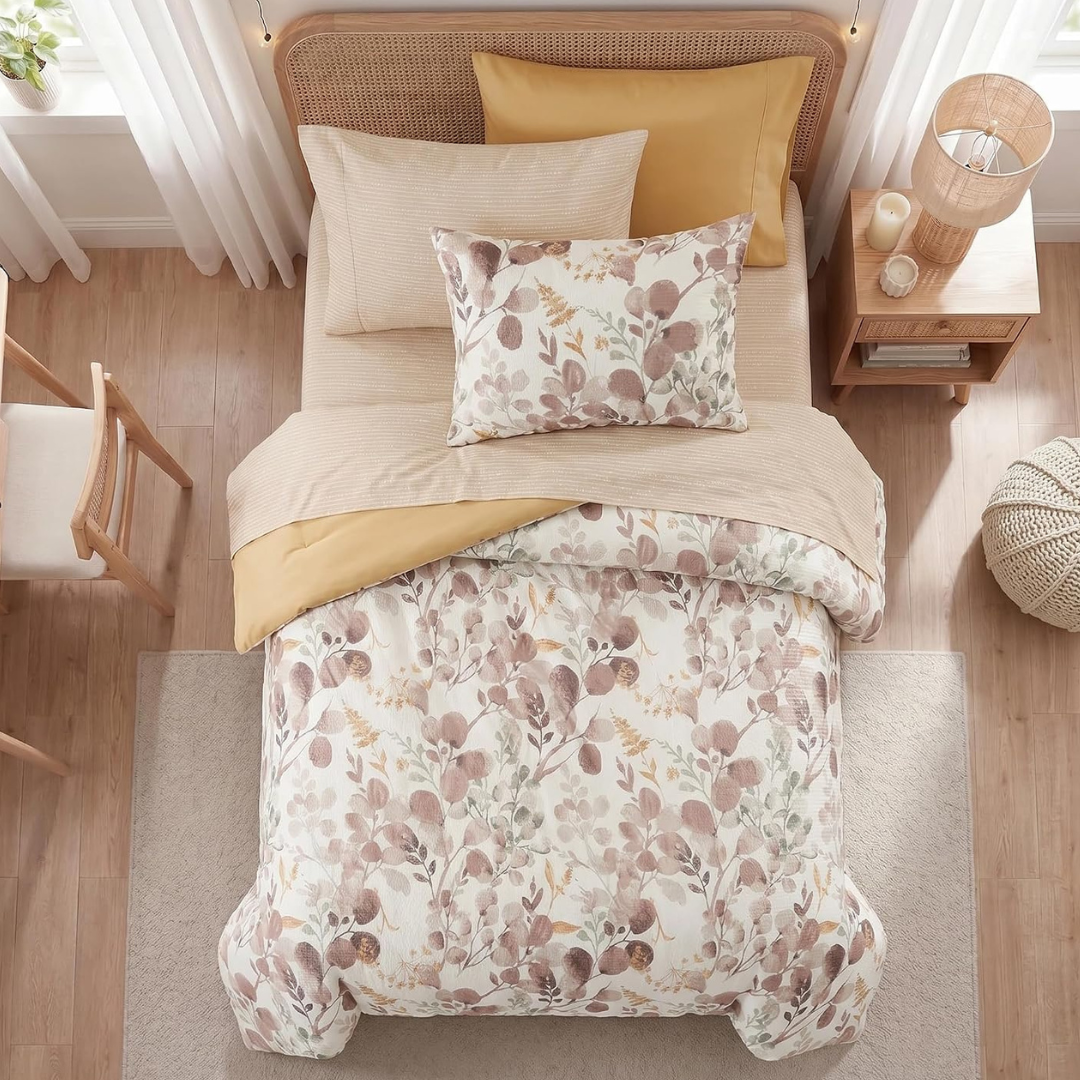 6-Piece Lightweight Seersucker Twin Size Botanical Comforter Set