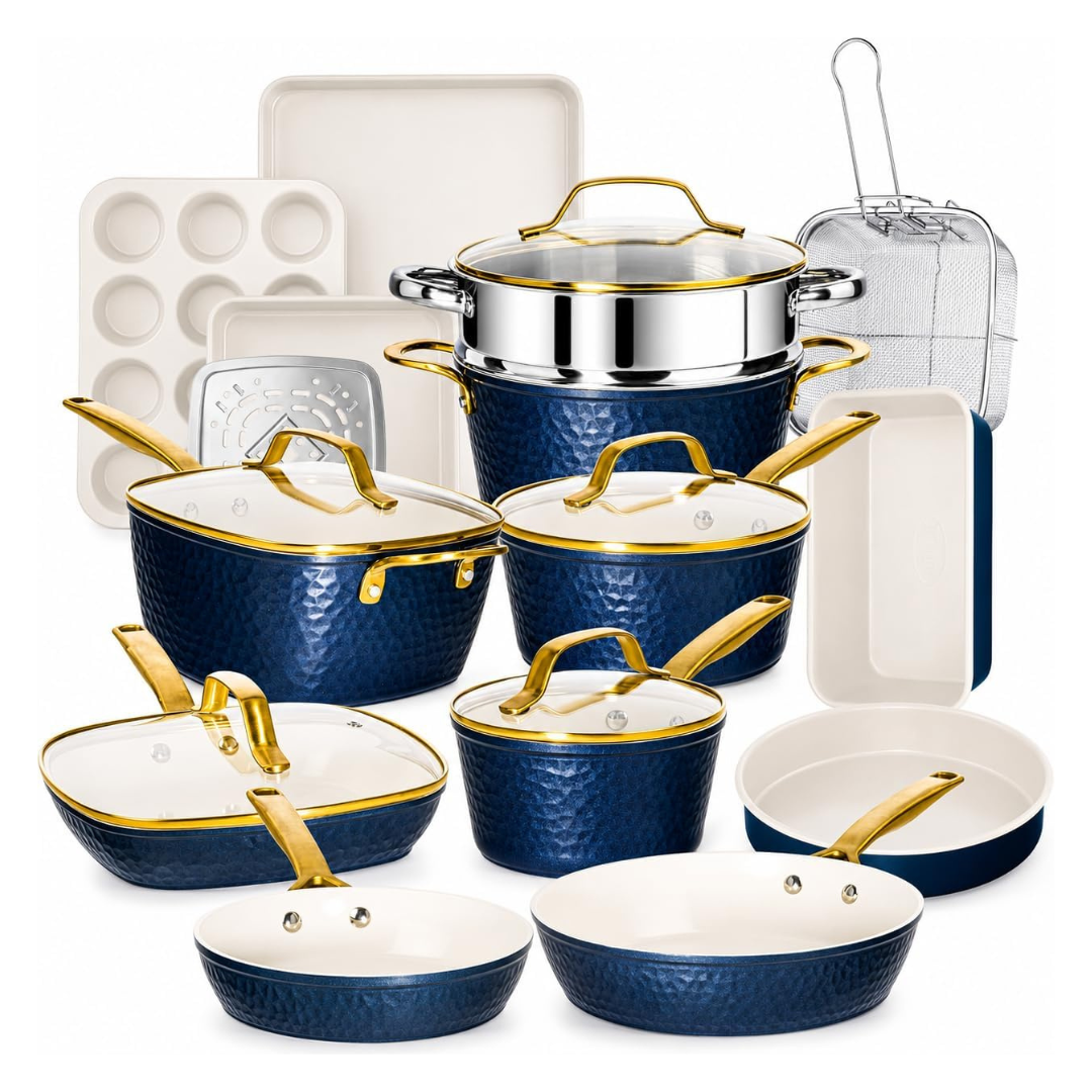 Gotham Steel Hammered 20-Piece Pots And Pans Set Non Stick Ceramic Cookware Set