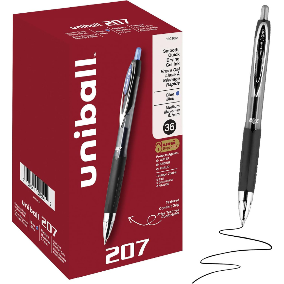 36-Count Uniball 207 Retractable Gel Pens W/ Medium Point (0.7mm, Blue Ink)