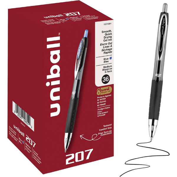 36-Count Uniball 207 Retractable Gel Pens W/ Medium Point (0.7mm, Blue Ink)