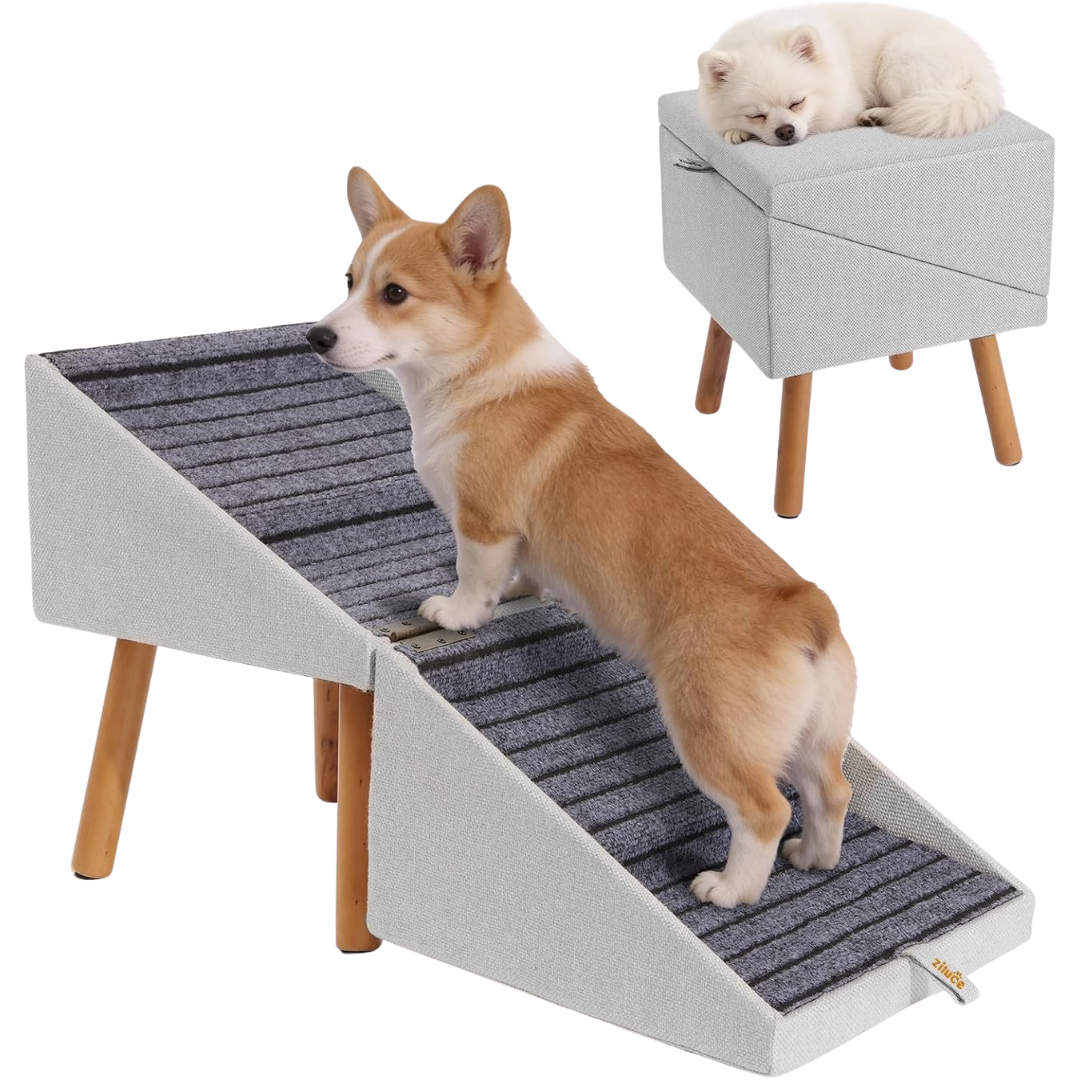 2-in-1 Ziluce 17.13" XL Wooden Foldable Dog Ramp & Ottoman (Light Grey)