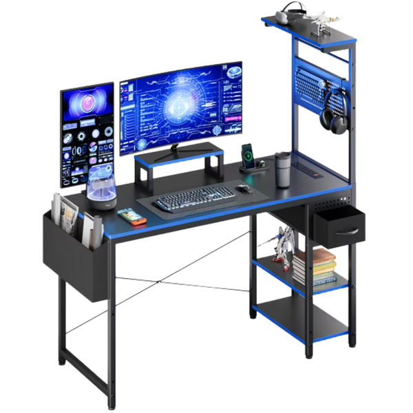 47" Upgo Gaming Desk With Adjustable Storage Rack & LED Lights, Power Outlets