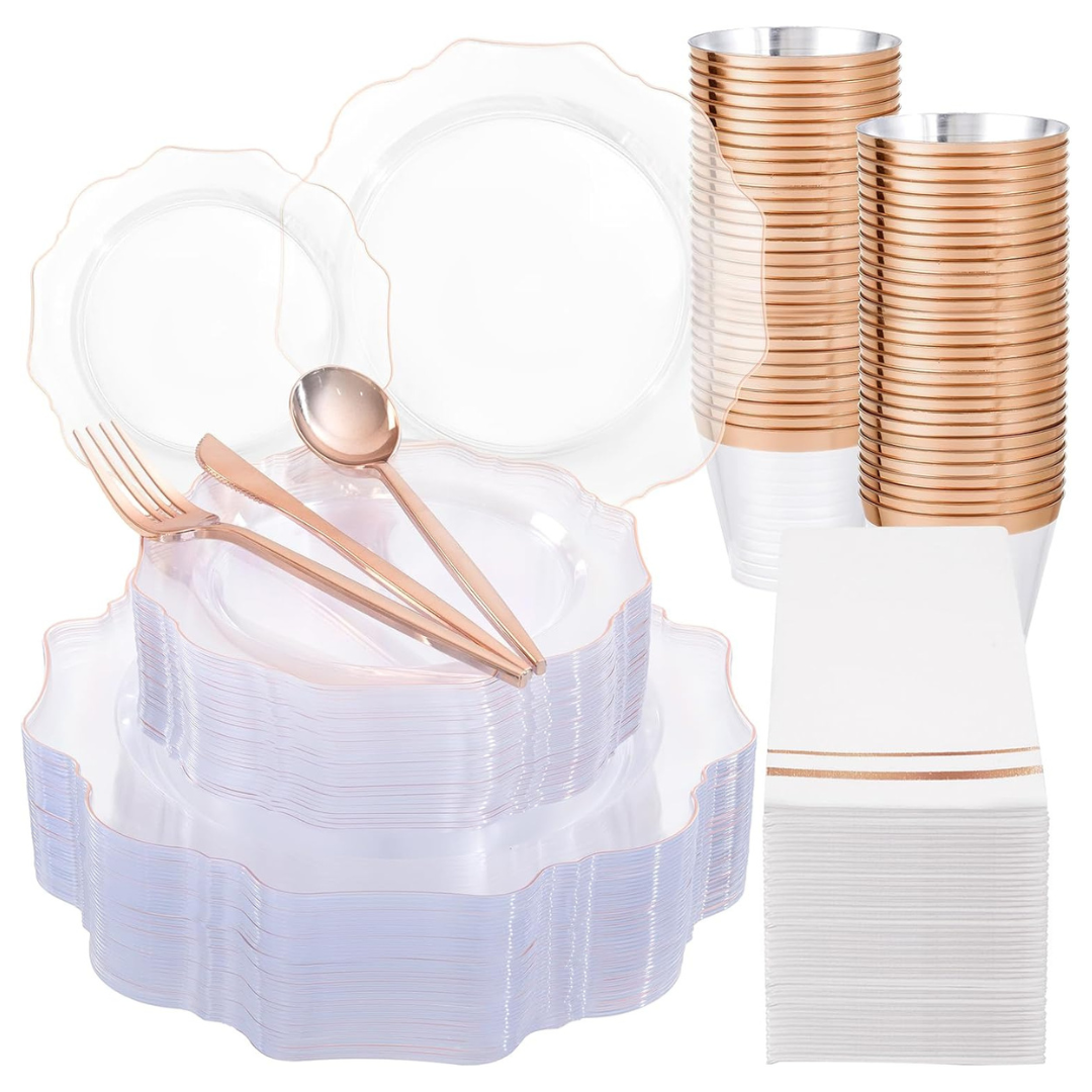 350-Piece Clear Rose Gold Disposable Plastic Plates