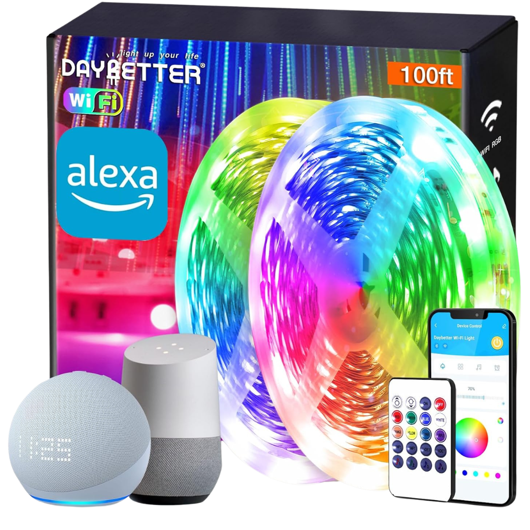 2-Pack 100' Smart RGB Color Changing WiFi LED Strip Lights With Music Sync