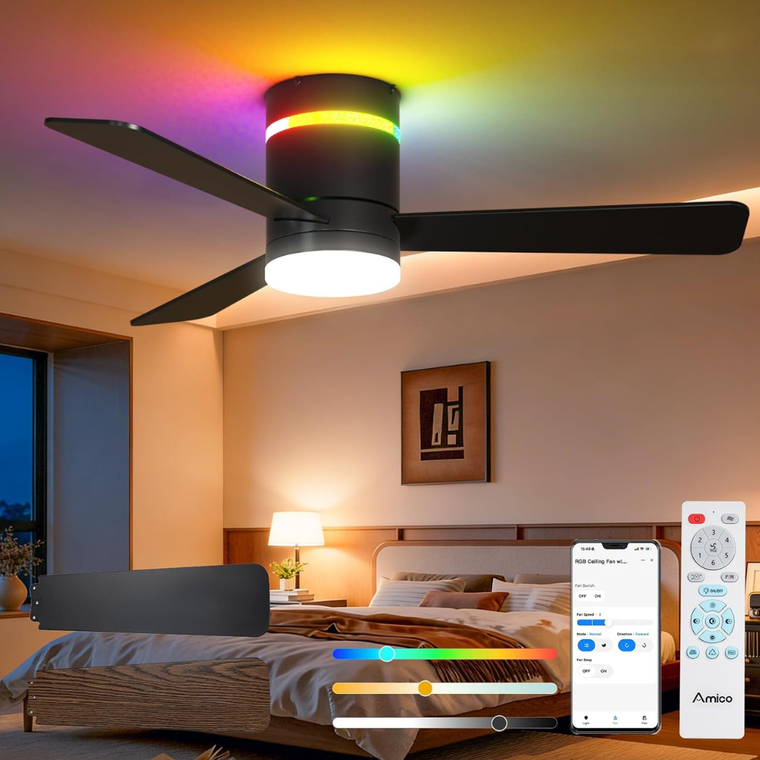 42" Amico RGB LED Flush Mount Ceiling Fan w/ App & Remote Control