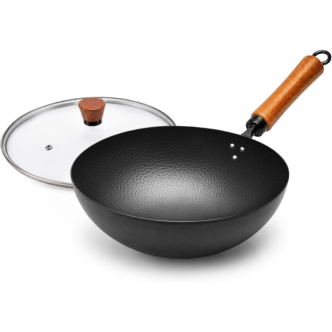 11" Round Bottom Carbon Steel Wok With Glass Lid