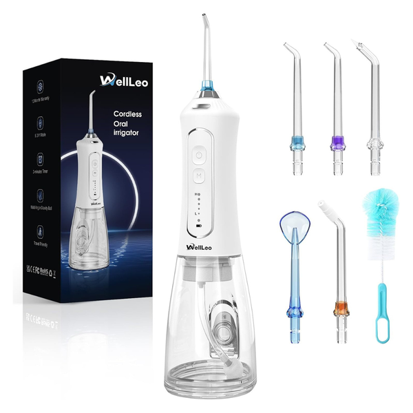 WellLeo 300ml Cordless Rechargeable Water Flosser With 5 Modes & 5 Jet Tips