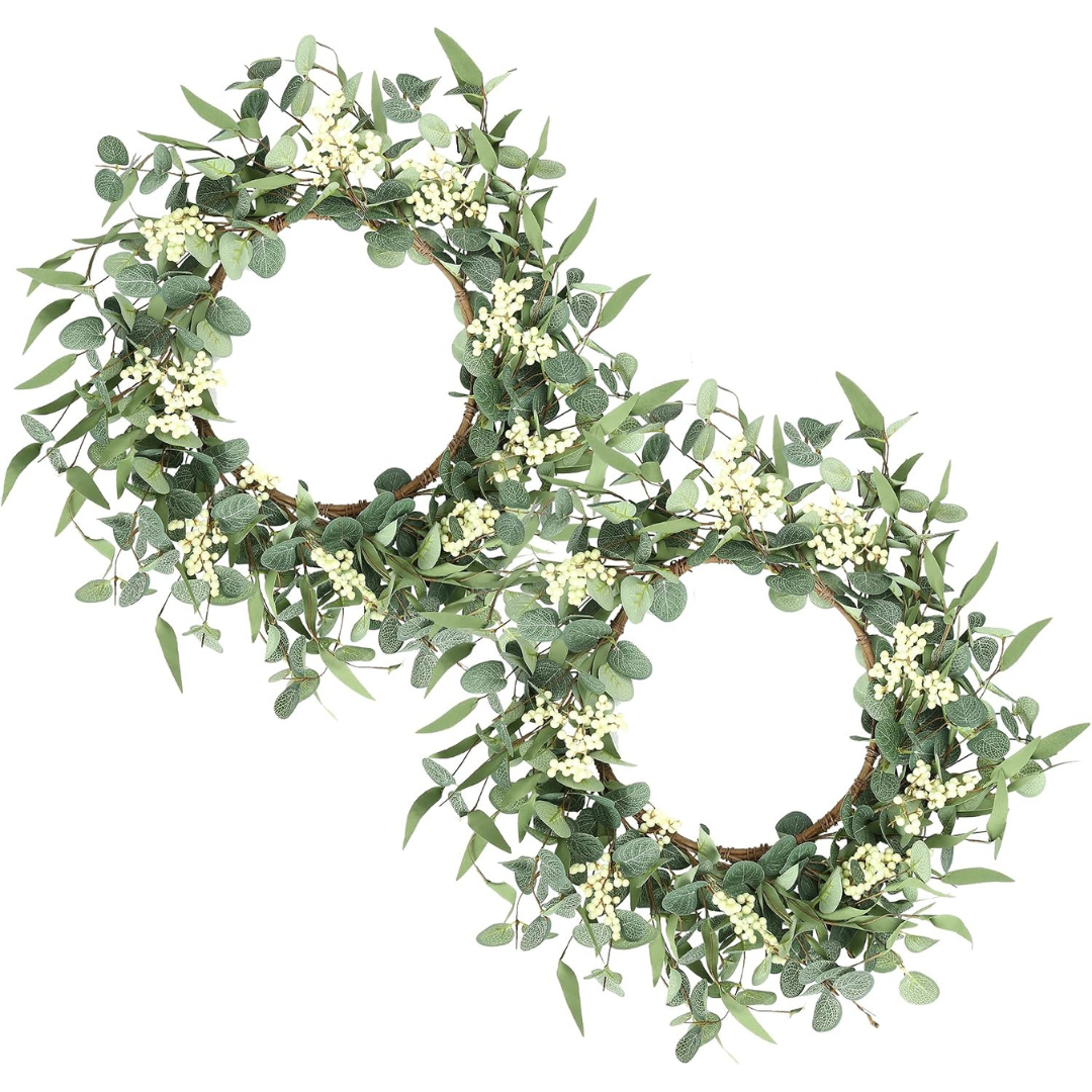 2-Pack Pinkpum 20" Eucalyptus Green Wreath W/ White Berries